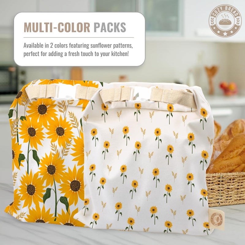 Cozy Bread ® Reusable Bread Bag Set for Home Bakers | USA Brand | Charming Designs (Sunflower) - Image 3